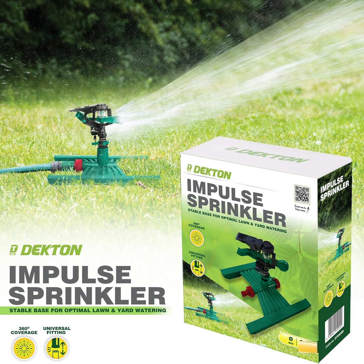 Dekton Impulse Sprinkler Green 12.5mm DTG6300 | 360 Degree Coverage | Universal Fitting | Stable Base for Optimal Lawn and Yard Watering | Made from High-Quality Plastic for Durability and Long Lasting Use