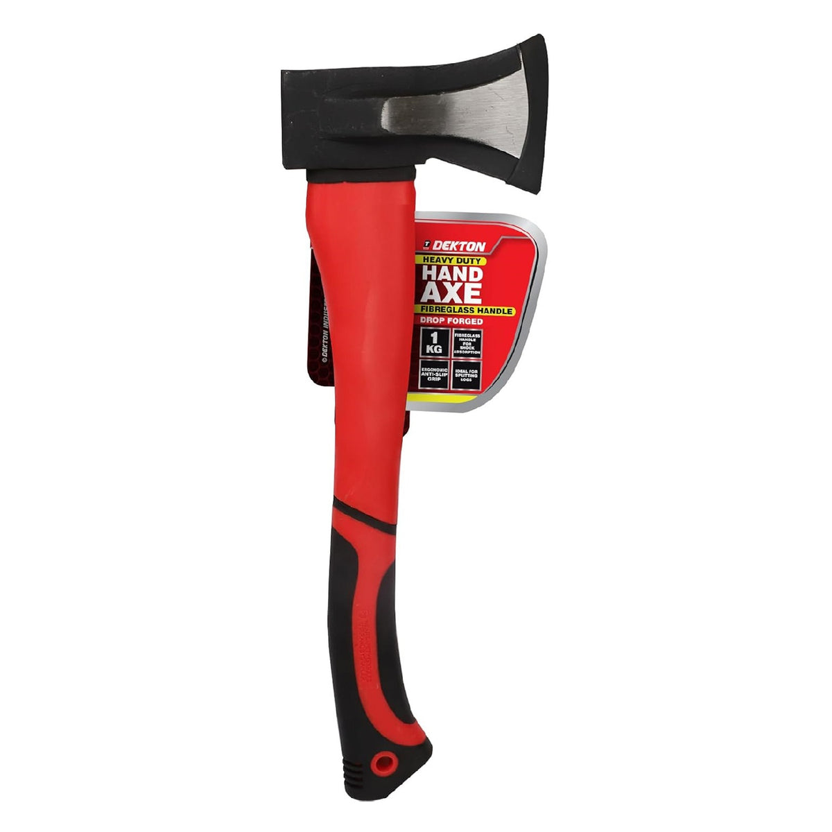 Dekton Hand Axe Red and Black 1Kg DT10504 | Heavy Duty | Fibreglass Handle for Shock Absorption | Drop Forged | Ergonomic Anti-Slip Grip | Ideal for Splitting Logs