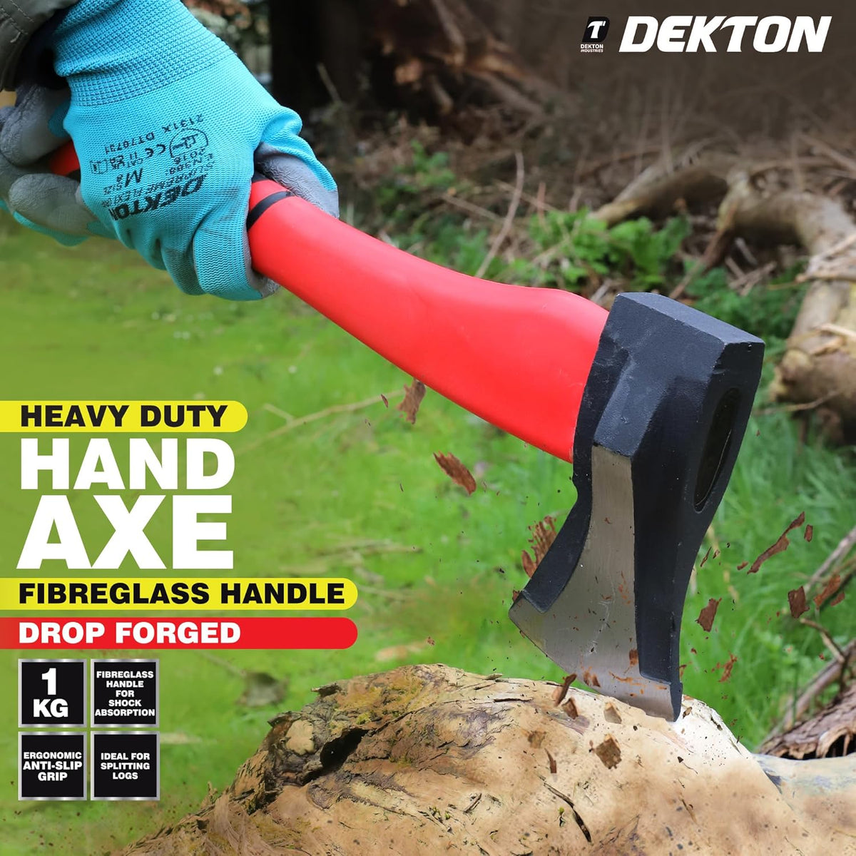 Dekton Hand Axe Red and Black 1Kg DT10504 | Heavy Duty | Fibreglass Handle for Shock Absorption | Drop Forged | Ergonomic Anti-Slip Grip | Ideal for Splitting Logs