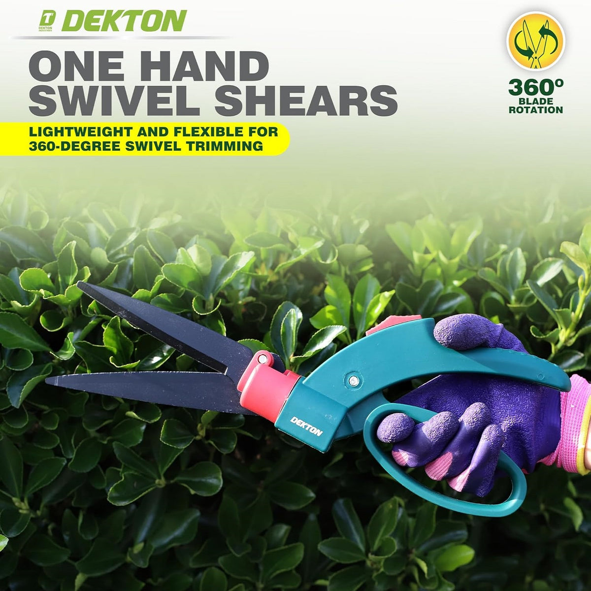 Dekton One Hand Swivel Shears Green DTG5040 | 360 Degree Blade Rotation | Trim Glass and Flowers | Lightweight and Flexible for 360 Degree Swivel Trimming | 360 Degree Rotating Blades that Trims at any Angle | Ideal for Trimming Grass and Flowers with