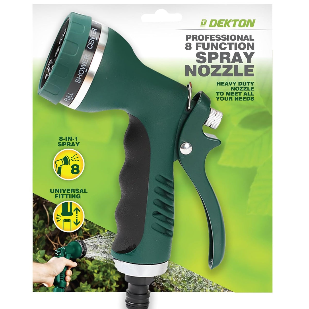 Dekton Professional 8 Function Spray Nozzle Green DTG6130 | Heavy Duty Nozzle to Meet All Your Needs | Universal Fitting | 8-in-1 Spray | Compatible with All Standard Hose | Versatile - Ideal for Gardening - Cleaning  and Outdoor Activities | Designed with High-Quality Aluminium to Ensure Durability and Toughness