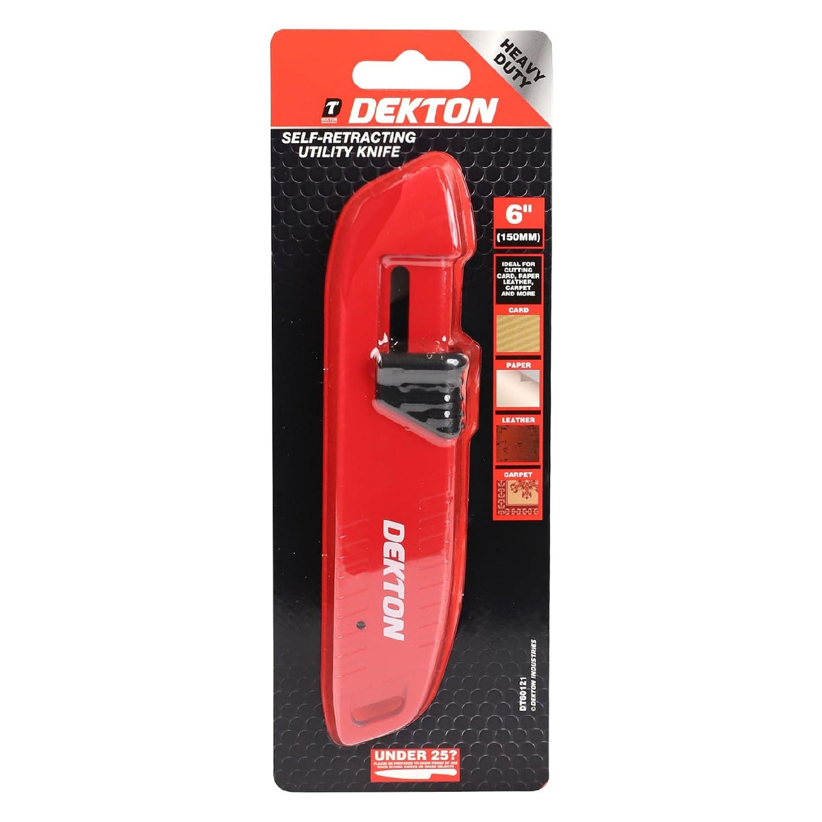 Dekton Self-Retracting Utility Knife Red 6-Inch DT60121 | Heavy Duty | Ideal for Cutting Card - Paper - Leather - Carpet and More | Self Retracting Blade | Ideal for Cutting Vinyl - Rubber - Plastics and Carpet | Ergonomic Design for Comfortable Use