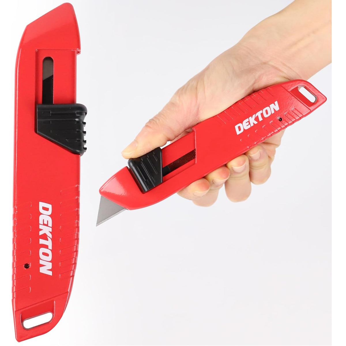 Dekton Self-Retracting Utility Knife Red 6-Inch DT60121 | Heavy Duty | Ideal for Cutting Card - Paper - Leather - Carpet and More | Self Retracting Blade | Ideal for Cutting Vinyl - Rubber - Plastics and Carpet | Ergonomic Design for Comfortable Use