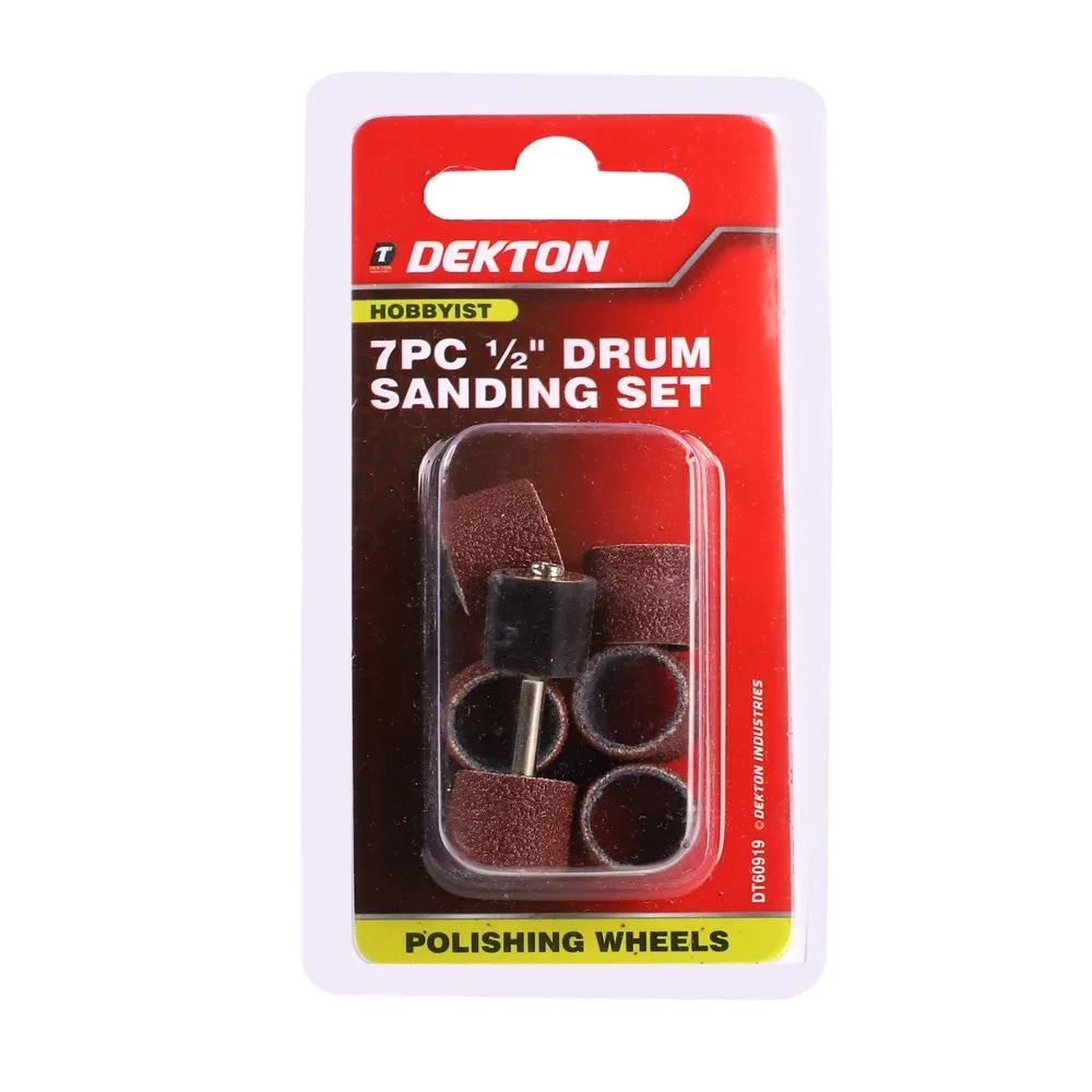Dekton Drum Sanding Set Red 0.5-Inch 7-Piece DT60919 | 3.1mm Mandrel | Ideal for Shaping and Smoothing Wood and Fibreglass Removing Rust and Cleaning
