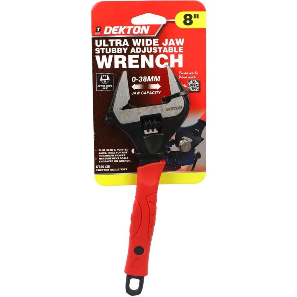 Dekton Ultra Wide Jaw Stubby Adjustable Wrench Red and Black 8-Inch DT20126 | Slim Head and Pointed Jaws Ideal for Use in Narrow Spaces | Measurement Scale Engraved on Wrench