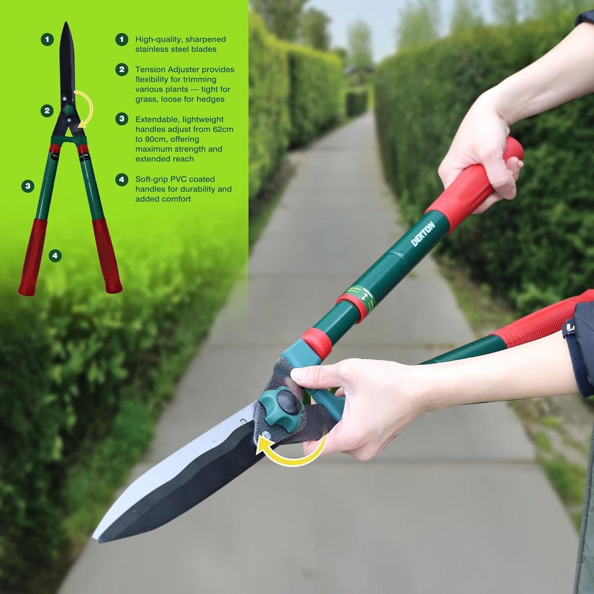 Dekton Telescopic Hedge Shears Multicolour 62cm DTG5145 | 8mm Max Cut Diameter | tension Adjuster | Extendable Handles | High-Quality, Carbon Steel Blades | Lightweight Handles Adjust from 62cm to 80cm | Soft-Grip PVC Coated Handles