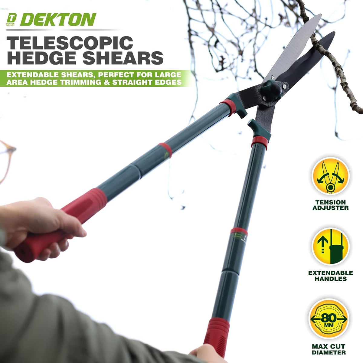 Dekton Telescopic Hedge Shears Multicolour 62cm DTG5145 | 8mm Max Cut Diameter | tension Adjuster | Extendable Handles | High-Quality, Carbon Steel Blades | Lightweight Handles Adjust from 62cm to 80cm | Soft-Grip PVC Coated Handles