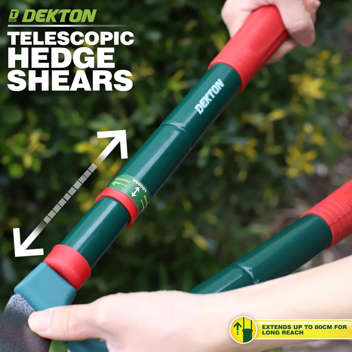 Dekton Telescopic Hedge Shears Multicolour 62cm DTG5145 | 8mm Max Cut Diameter | tension Adjuster | Extendable Handles | High-Quality, Carbon Steel Blades | Lightweight Handles Adjust from 62cm to 80cm | Soft-Grip PVC Coated Handles
