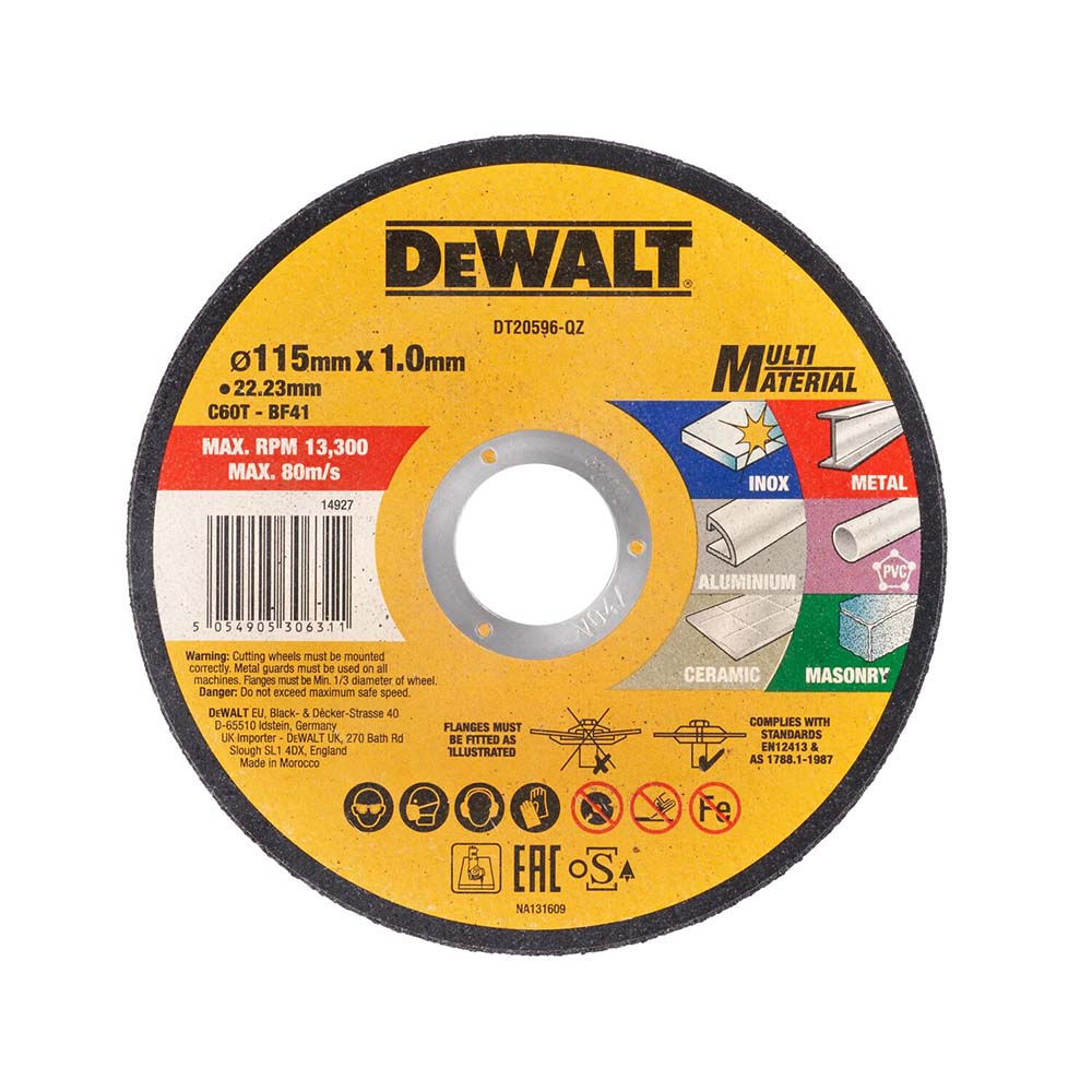 Dewalt Multi Material Bonded Cut Disc Black and Yellow 115mm x 1mm x 22.23mm DT20596-QZ | Max RPM 13,300 | Suitable for General grinding Work on Inox - Metal - Aluminium - PVC - Ceramic - Masonry