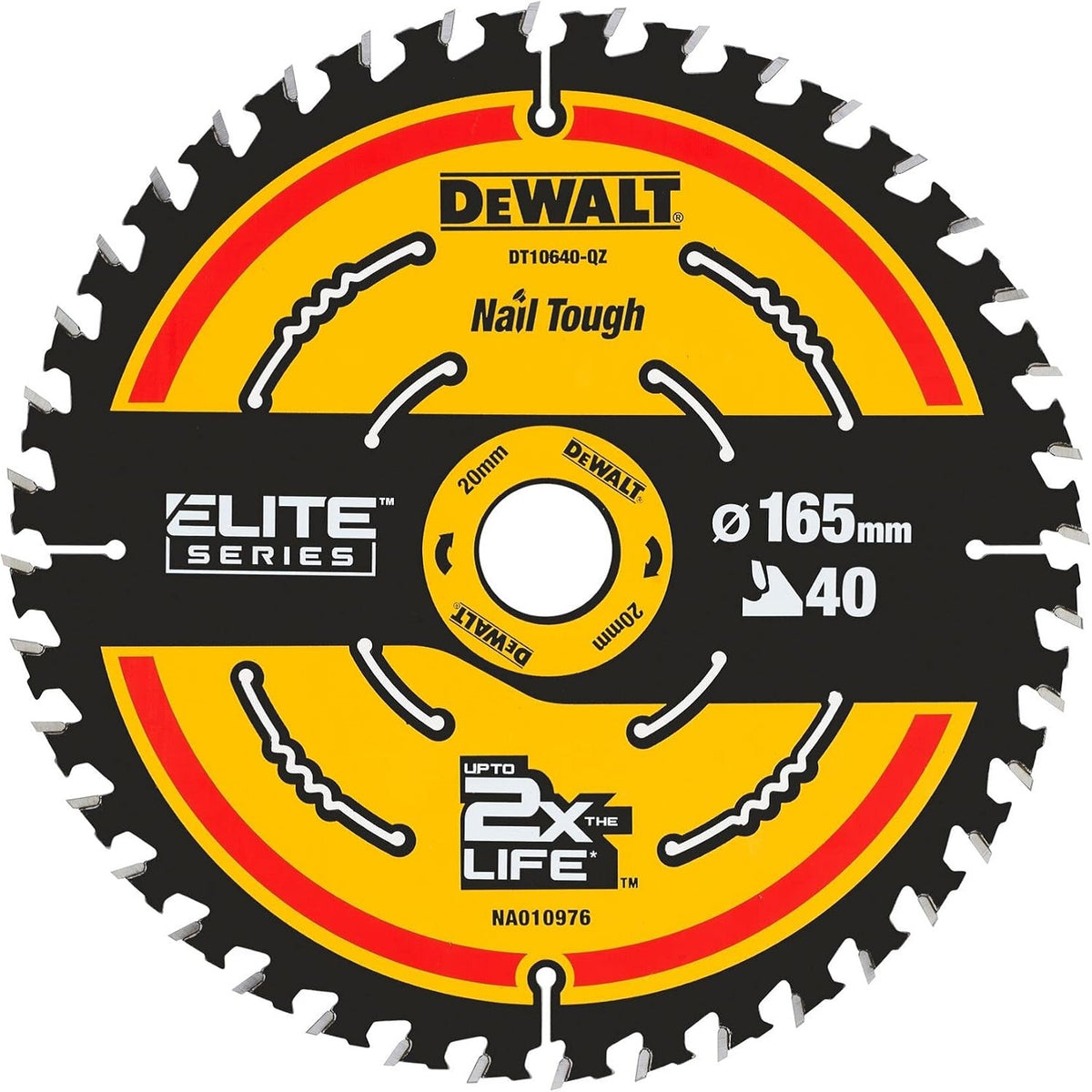 Dewalt Elite Series Circular Saw Blade Multicolour 165mm x 20mm DT10640-QZ | 40 Teeth | Upto 2x The Life | Nail Tough | Max RPM 7000 | Impact Resistance | Premium Carbide | Fast Accurate Cutting | Recommended for Tough Wood - Cross Cutting - Sheet Goods - Soft Wood