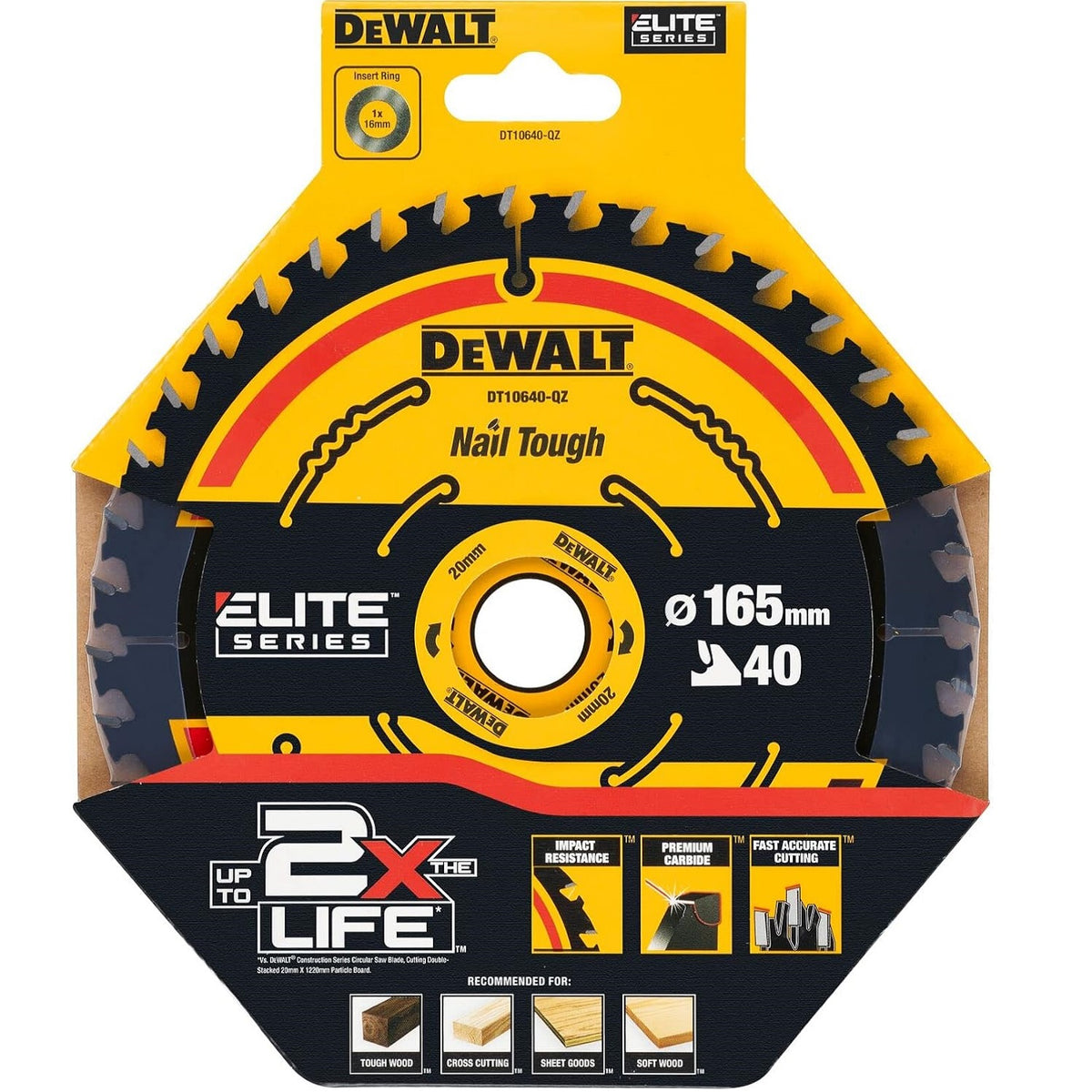 Dewalt Elite Series Circular Saw Blade Multicolour 165mm x 20mm DT10640-QZ | 40 Teeth | Upto 2x The Life | Nail Tough | Max RPM 7000 | Impact Resistance | Premium Carbide | Fast Accurate Cutting | Recommended for Tough Wood - Cross Cutting - Sheet Goods