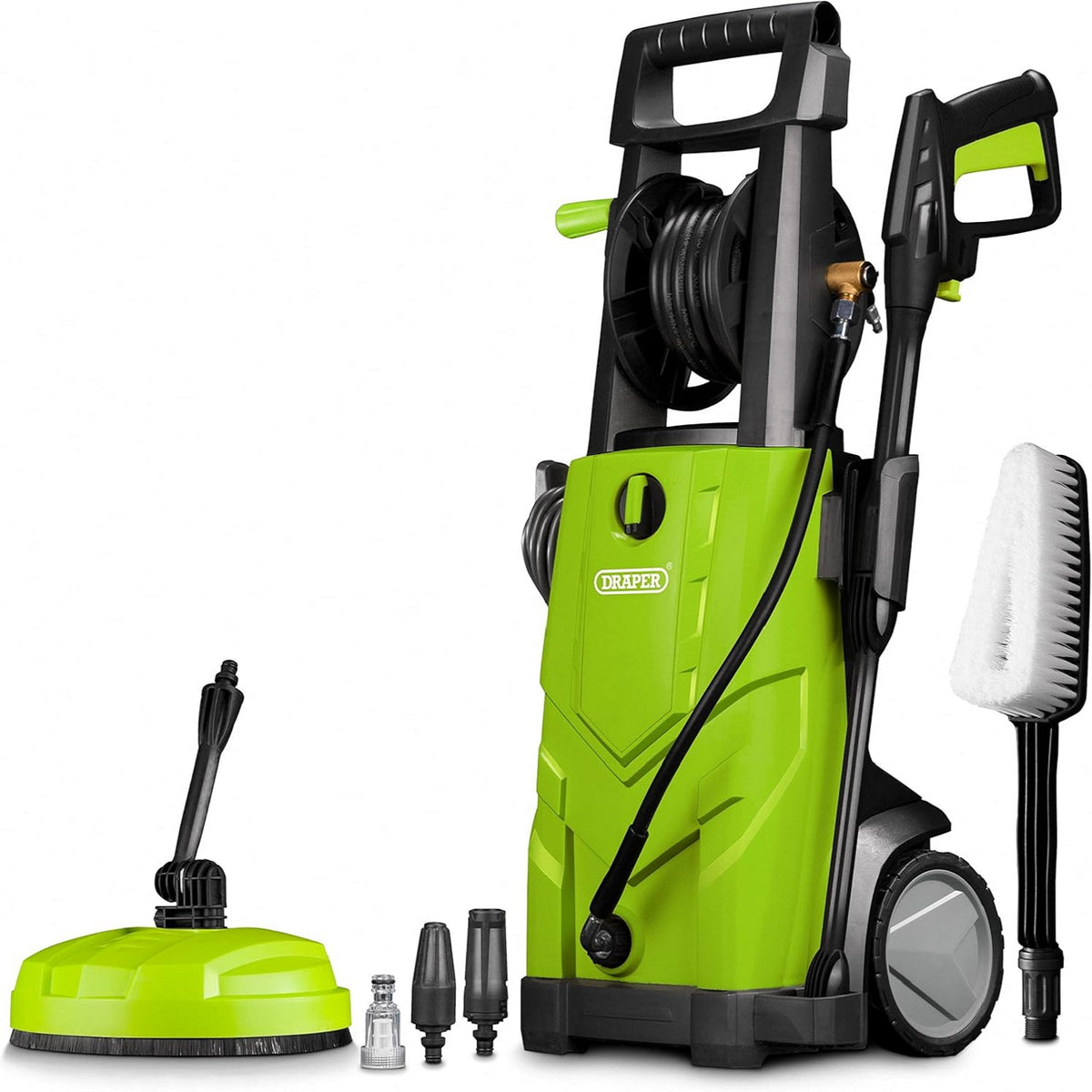 Draper 165 Bar Pressure Washer Black and Green 2200W 230V-240V 8.2 Max Litre-Min 03095 | Auto Control with Total Stop Device Saves Water, Prolongs Pump and Motor Life | 6 Meter High Pressure Hose with Integrated Reel | Integrated Detergent Bottle
