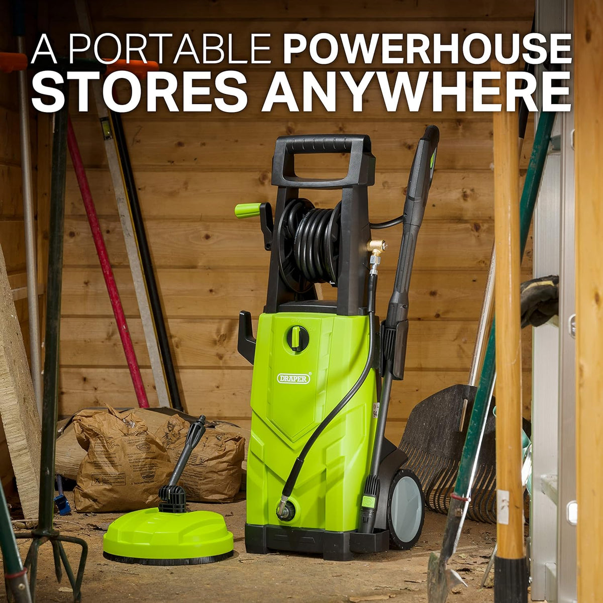 Draper 165 Bar Pressure Washer Black and Green 2200W 230V-240V 8.2 Max Litre-Min 03095 | Auto Control with Total Stop Device Saves Water, Prolongs Pump and Motor Life | 6 Meter High Pressure Hose with Integrated Reel | Integrated Detergent Bottle