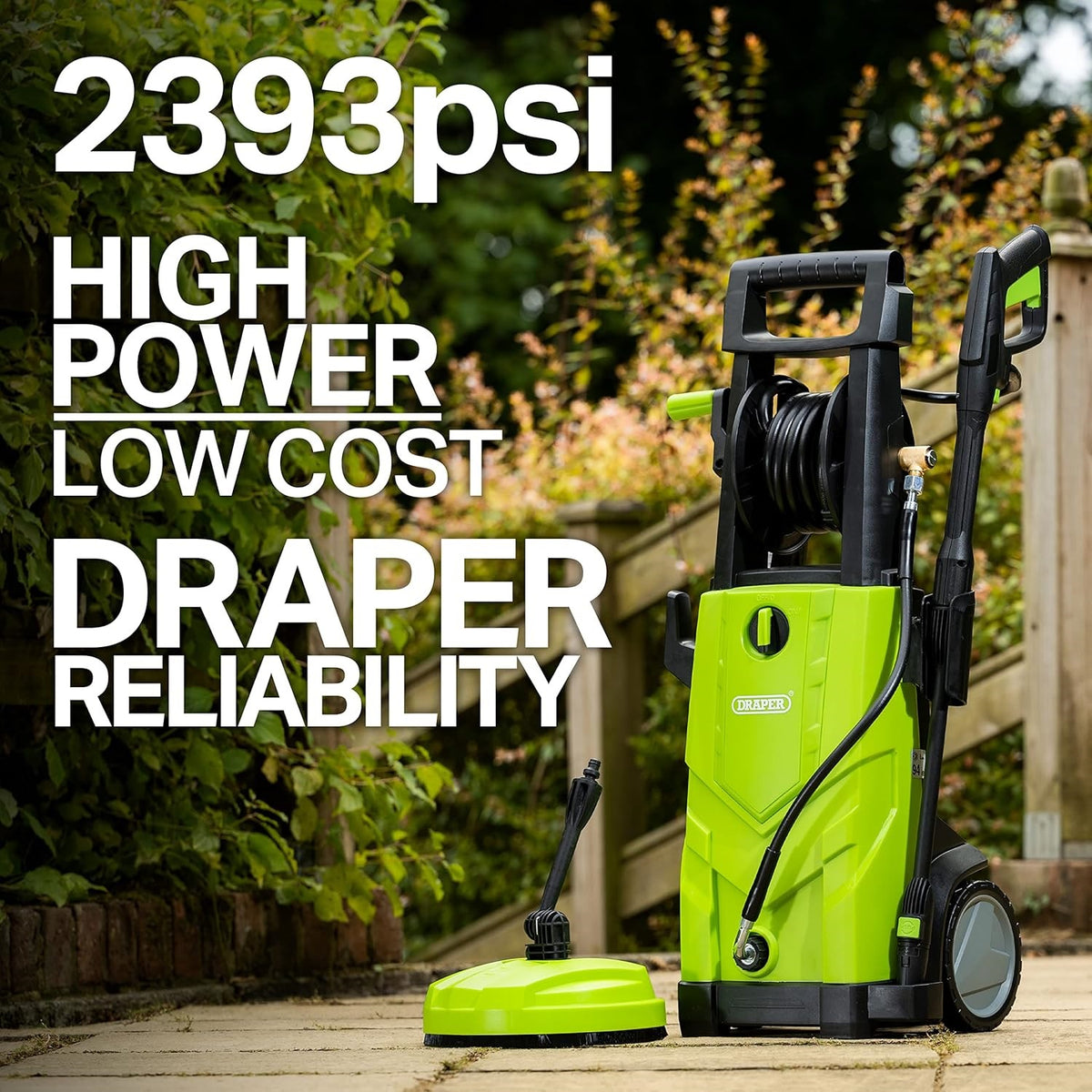 Draper 165 Bar Pressure Washer Black and Green 2200W 230V-240V 8.2 Max Litre-Min 03095 | Auto Control with Total Stop Device Saves Water, Prolongs Pump and Motor Life | 6 Meter High Pressure Hose with Integrated Reel | Integrated Detergent Bottle