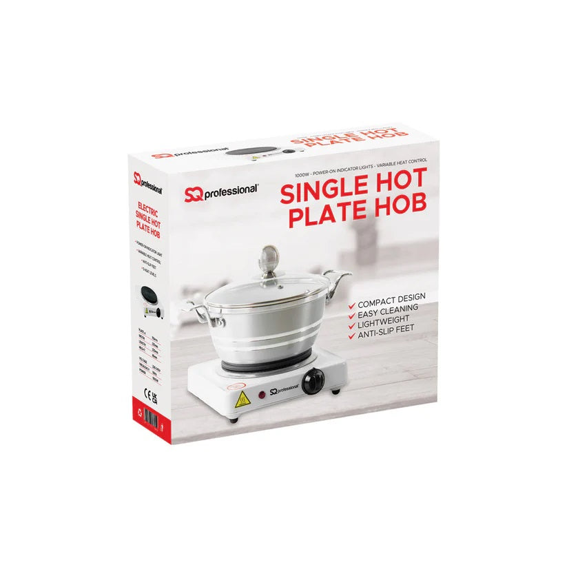 SQ Professional 1000W Single Hot Plate Hob White 4011 | Power On Indicator Lights | Variable Heat Control | Compact Design | Easy Cleaning | Lightweight | Anti Slip Feet
