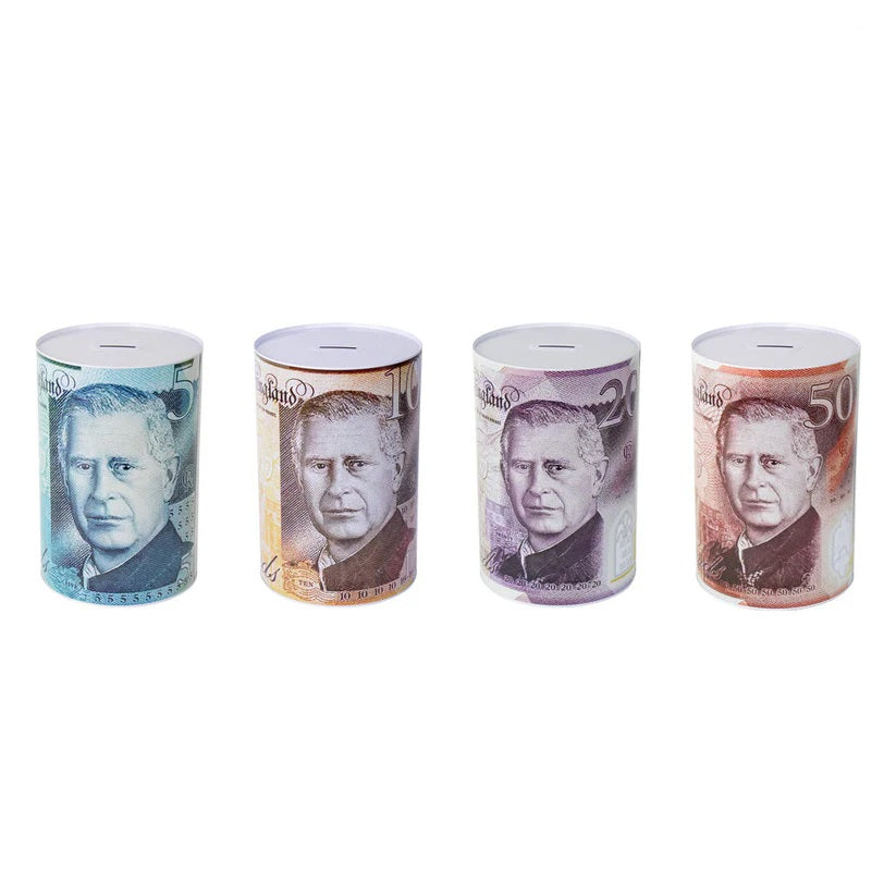 More For You Store King Charles Pound Note Design Money Saving Tin Assorted Colours Small 100mm x 150mm Pack of 1 TIN004K | Gift Tin for Coins | Â£5 Â£10 Â£20 Â£50 Note Print Coin Savings Boxes | Novelty Metal Storage Tins
