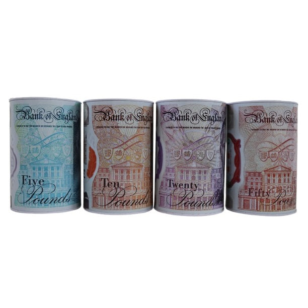 More For You Store King Charles Pound Note Design Money Saving Tin Assorted Colours Small 100mm x 150mm Pack of 1 TIN004K | Gift Tin for Coins | Â£5 Â£10 Â£20 Â£50 Note Print Coin Savings Boxes | Novelty Metal Storage Tins