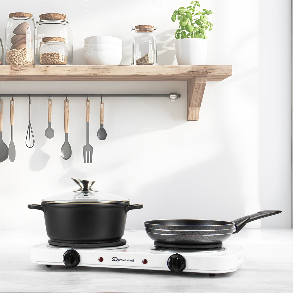SQ Professional Double Hot Plate Hob Silver 235mm x 460mm x 65mm 4010 | Electric Twin Burner Cooktop | Dual Ring | 155mm and 185mm Hot Plate | 5-Level Variable Heat Control | 1000Wâ€“1500W | Power-On Light | Anti-Slip Feet | Lightweight and Easy Cleaning