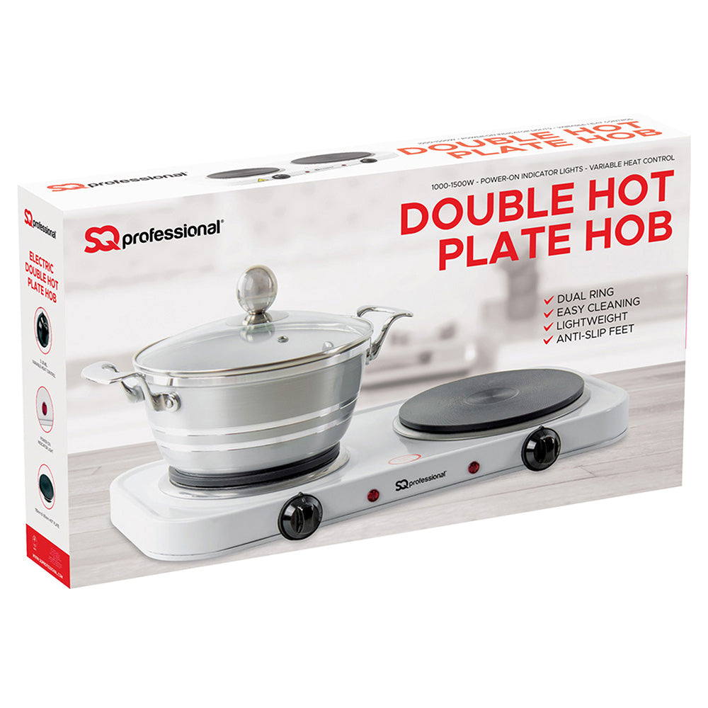 SQ Professional Double Hot Plate Hob Silver 235mm x 460mm x 65mm 4010 | Electric Twin Burner Cooktop | Dual Ring | 155mm and 185mm Hot Plate | 5-Level Variable Heat Control | 1000Wâ€“1500W | Power-On Light | Anti-Slip Feet | Lightweight and Easy Cleaning