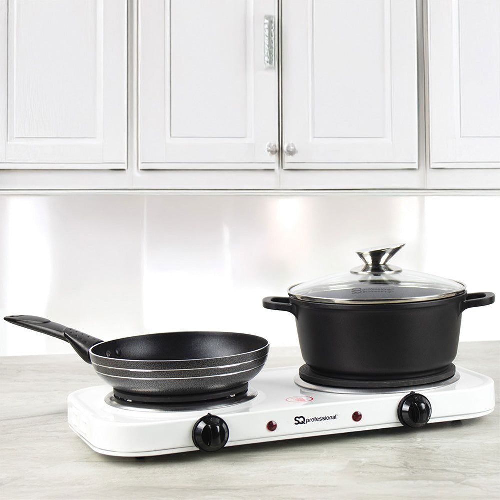 SQ Professional Double Hot Plate Hob Silver 235mm x 460mm x 65mm 4010 | Electric Twin Burner Cooktop | Dual Ring | 155mm and 185mm Hot Plate | 5-Level Variable Heat Control | 1000Wâ€“1500W | Power-On Light | Anti-Slip Feet | Lightweight and Easy Cleaning