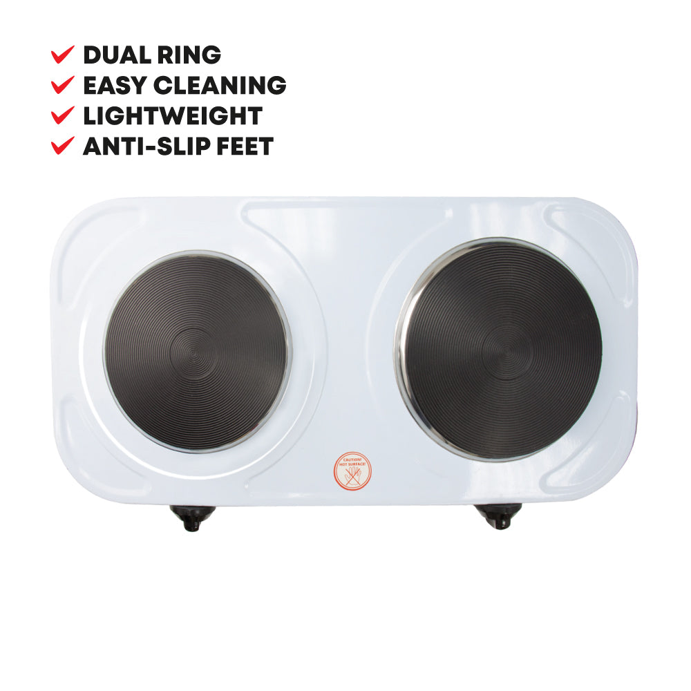 SQ Professional Double Hot Plate Hob Silver 235mm x 460mm x 65mm 4010 | Electric Twin Burner Cooktop | Dual Ring | 155mm and 185mm Hot Plate | 5-Level Variable Heat Control | 1000Wâ€“1500W | Power-On Light | Anti-Slip Feet | Lightweight and Easy Cleaning