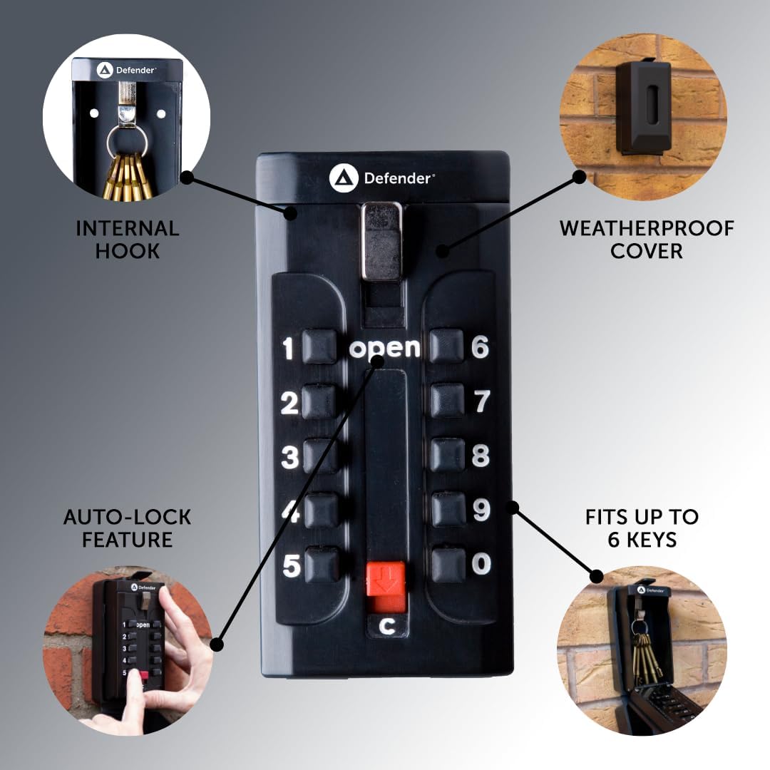 Defender Push Button Key Safe Black 13cm x 6cm x 6cm HA00006 | Wall Mounted Security Lock Box | Programmable Access Code | Weather-Resistant with TPU Cover | Large Storage Capacity | Easy Installation with Thunderbolts | Auto Lock Feature | Holds Up to 6