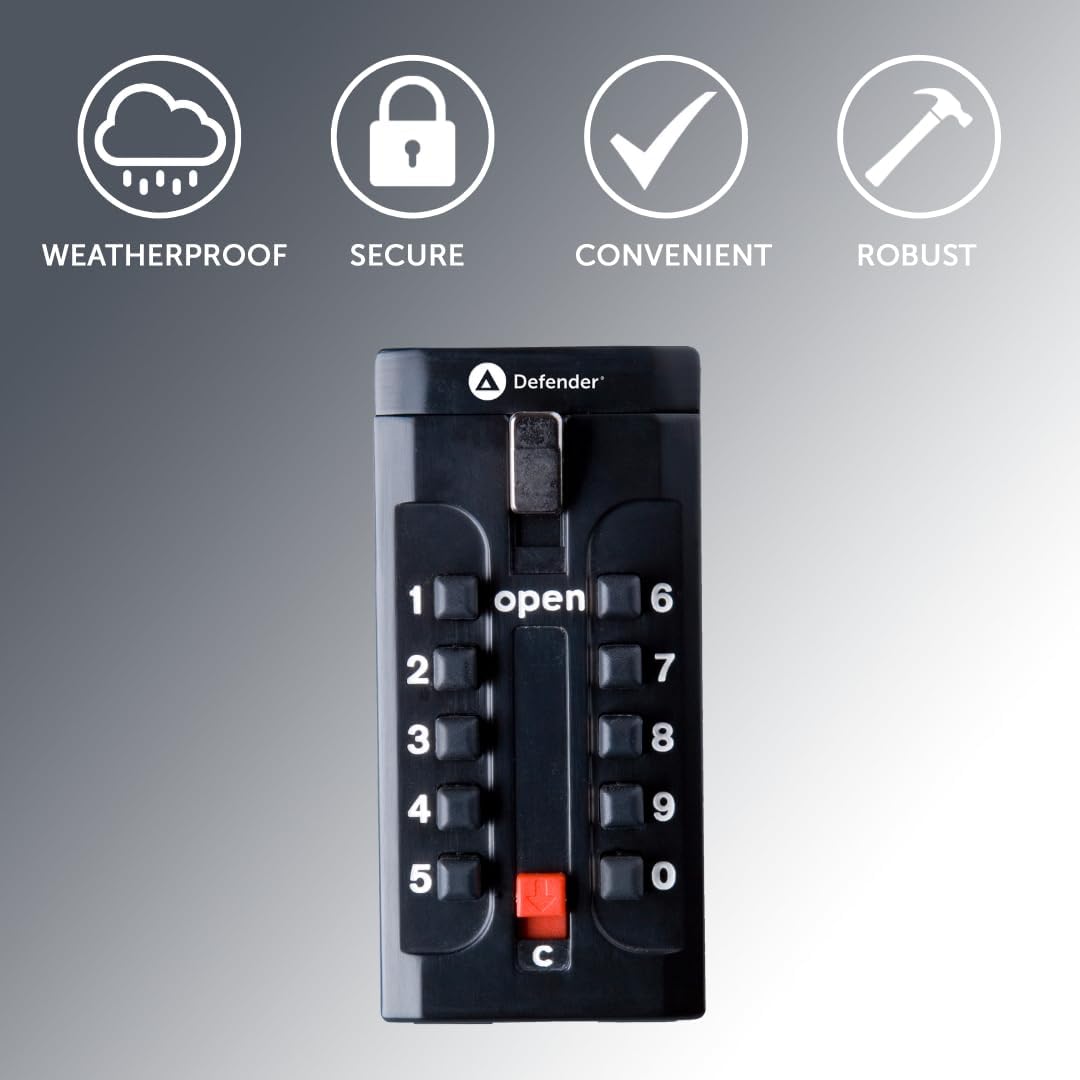Defender Push Button Key Safe Black 13cm x 6cm x 6cm HA00006 | Wall Mounted Security Lock Box | Programmable Access Code | Weather-Resistant with TPU Cover | Large Storage Capacity | Easy Installation with Thunderbolts | Auto Lock Feature | Holds Up to 6