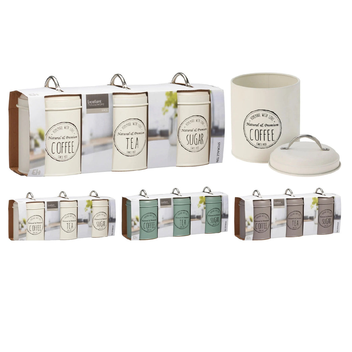 Excellent Houseware Metal Storage Canister Set Assorted Colours 11cm x 16cm Pack of 3 C80653730