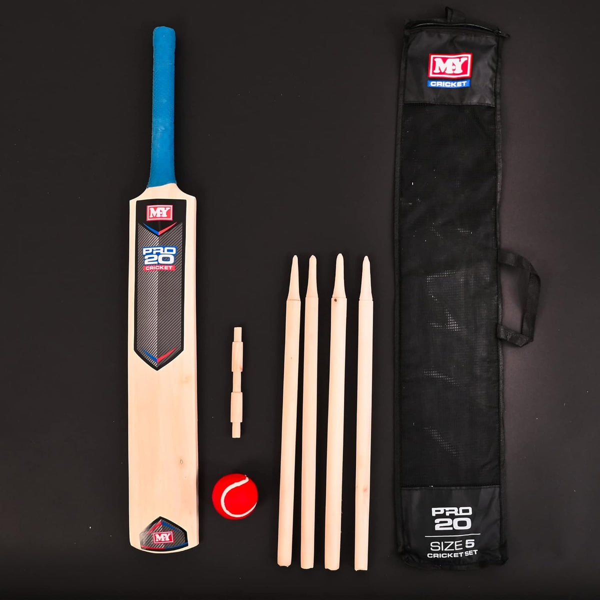 M.Y Pro20 Cricket Set in Mesh Carry Bag Assorted Size 5 Pack of 7 TY3804