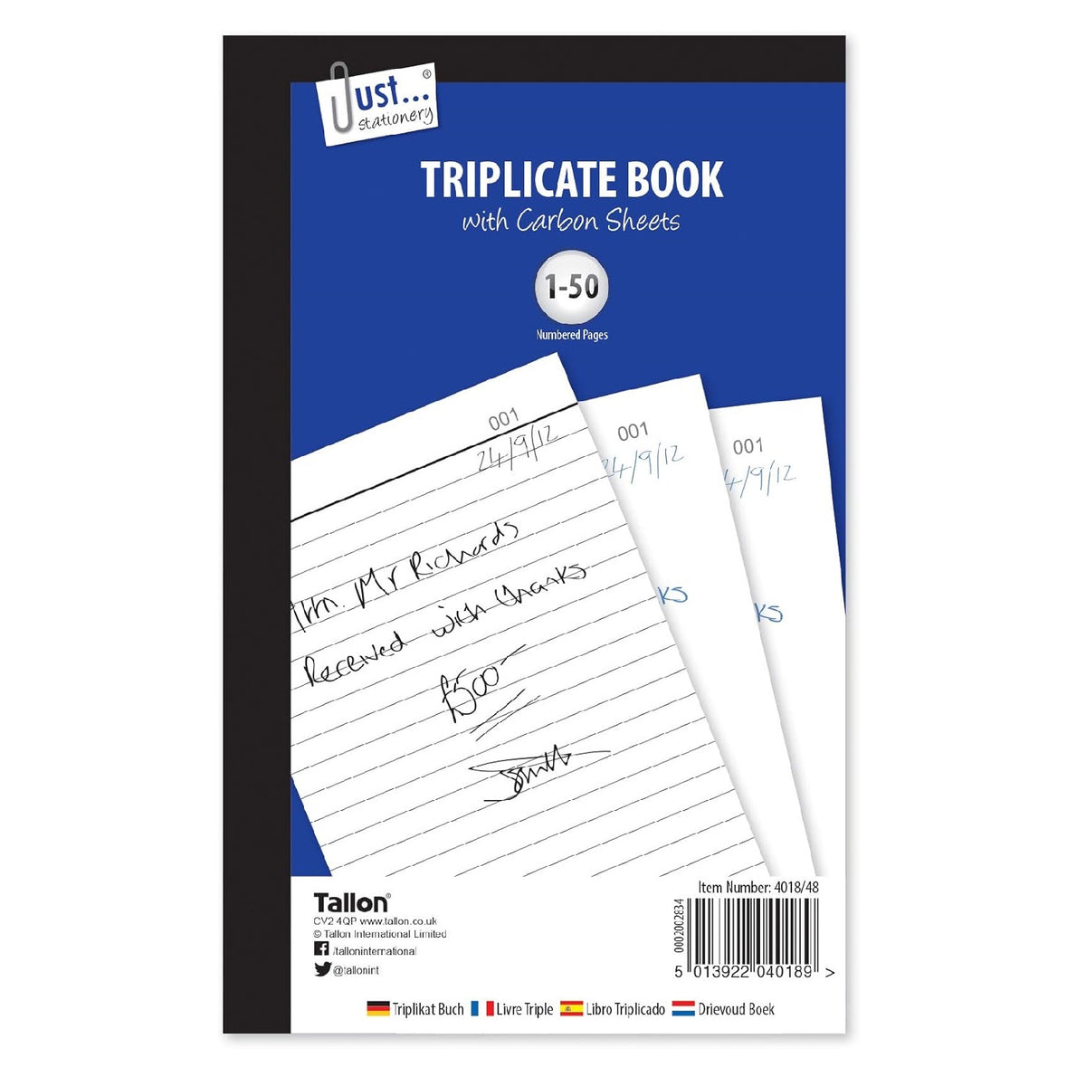 Just Stationery Triplicate Book with Carbon Sheets White Full Size 4018 | Numbered Pages | Ruled Paper | 50 Sets