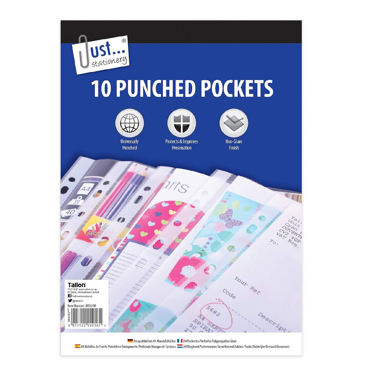 Just Stationery Plastic Punched Pockets Clear A4 Pack of 10 4056 | Suitable for all Ring Binders | Protects Presentation | Universally Punched | Non-Glare Finish | Fits A4 Paper