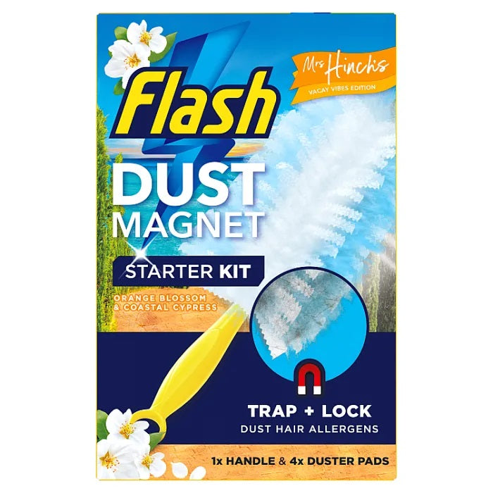 Flash Dust Magnet Scented Starter Kit White and Blue HOFLA132 | Orange Blossom and Coastal Cypress | 1x Handle and 4x Duster Pads | Trap Plus Lock Dust Hair Allergens