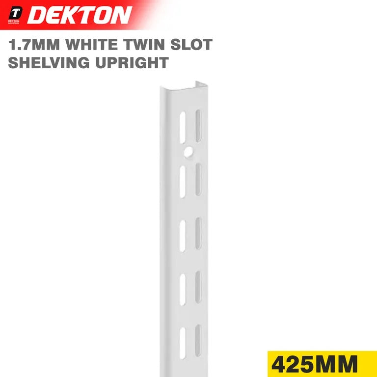 Dekton Heavy-Duty Upright Wall Bracket White 425mm DH08040 | Slotted Shelf Support Rail | 1.7mm Thick Metal | Wall Mountable | For Garage-Storage and Shelving Systems