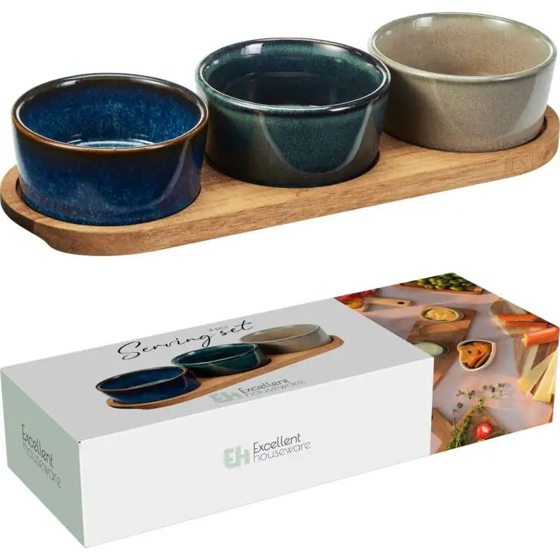 Excellent Houseware Ceramic Serving Set with Wooden Tray Assorted Colours Pack of 4 278001170 | 3 Assorted Dipping Bowls | Acacia Wood Tray | For Snacks-Sauces and Appetizers | Elegant Stoneware Presentation Set