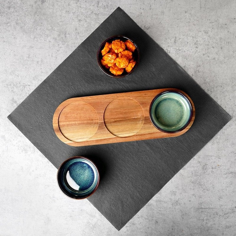 Excellent Houseware Ceramic Serving Set with Wooden Tray Assorted Colours Pack of 4 278001170 | 3 Assorted Dipping Bowls | Acacia Wood Tray | For Snacks-Sauces and Appetizers | Elegant Stoneware Presentation Set