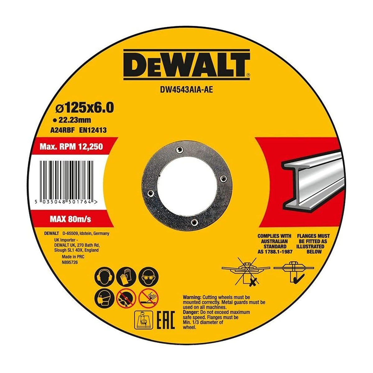 Dewalt Metal Cutting Disc Multicoloured 125mm x 6.0mm x 22.23mm DW4543AIA-AE | A24RBF | EN12413 | Max RPM 12250 | Heavy-Duty Grinding Wheel | For Angle Grinders