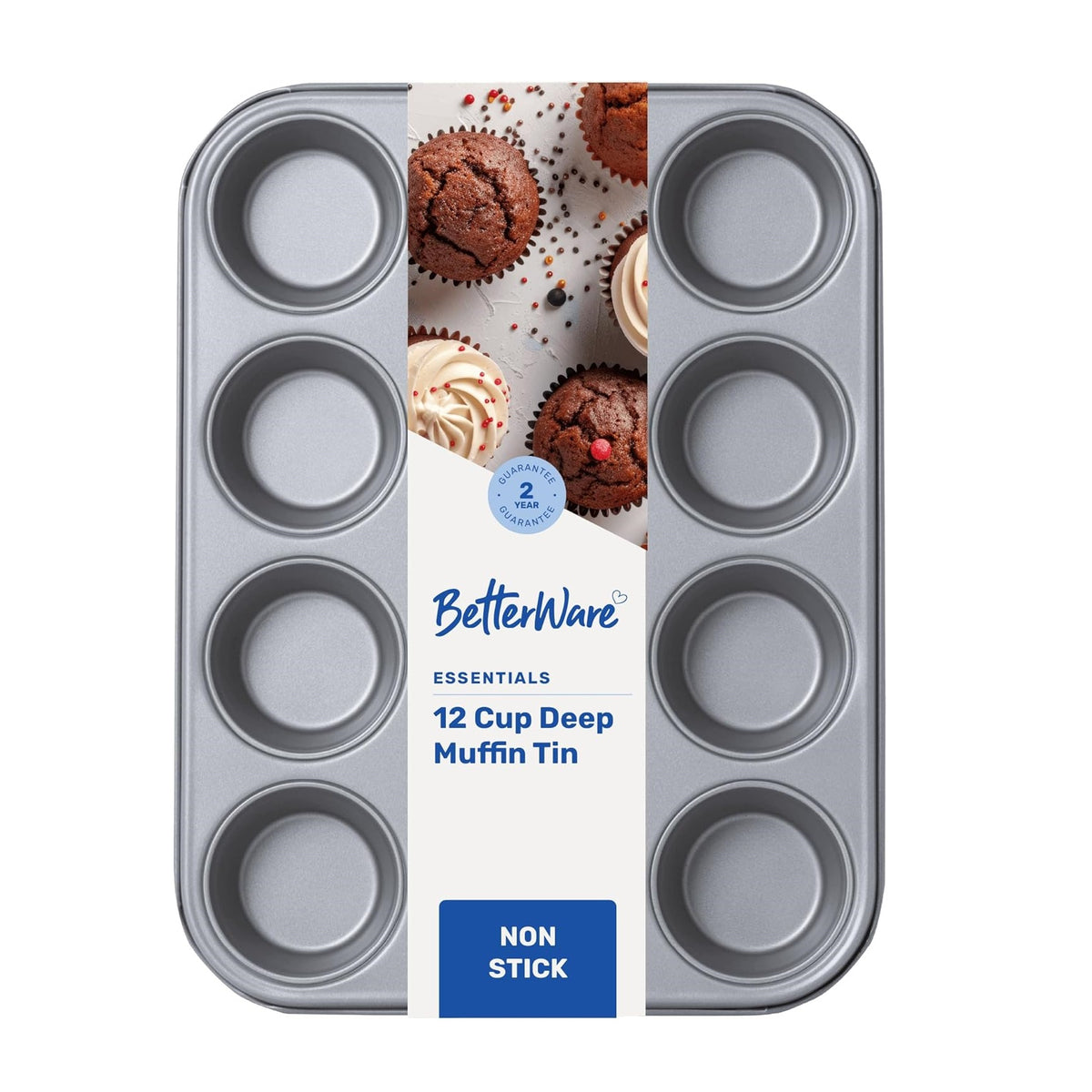 Betterware Essentials 12 Cup Muffin Tin Grey 35.5cm x 27cm x 3.5cm 67900 | Non-Stick Baking Tray | Dishwasher Safe | Fridge and Freezer Safe