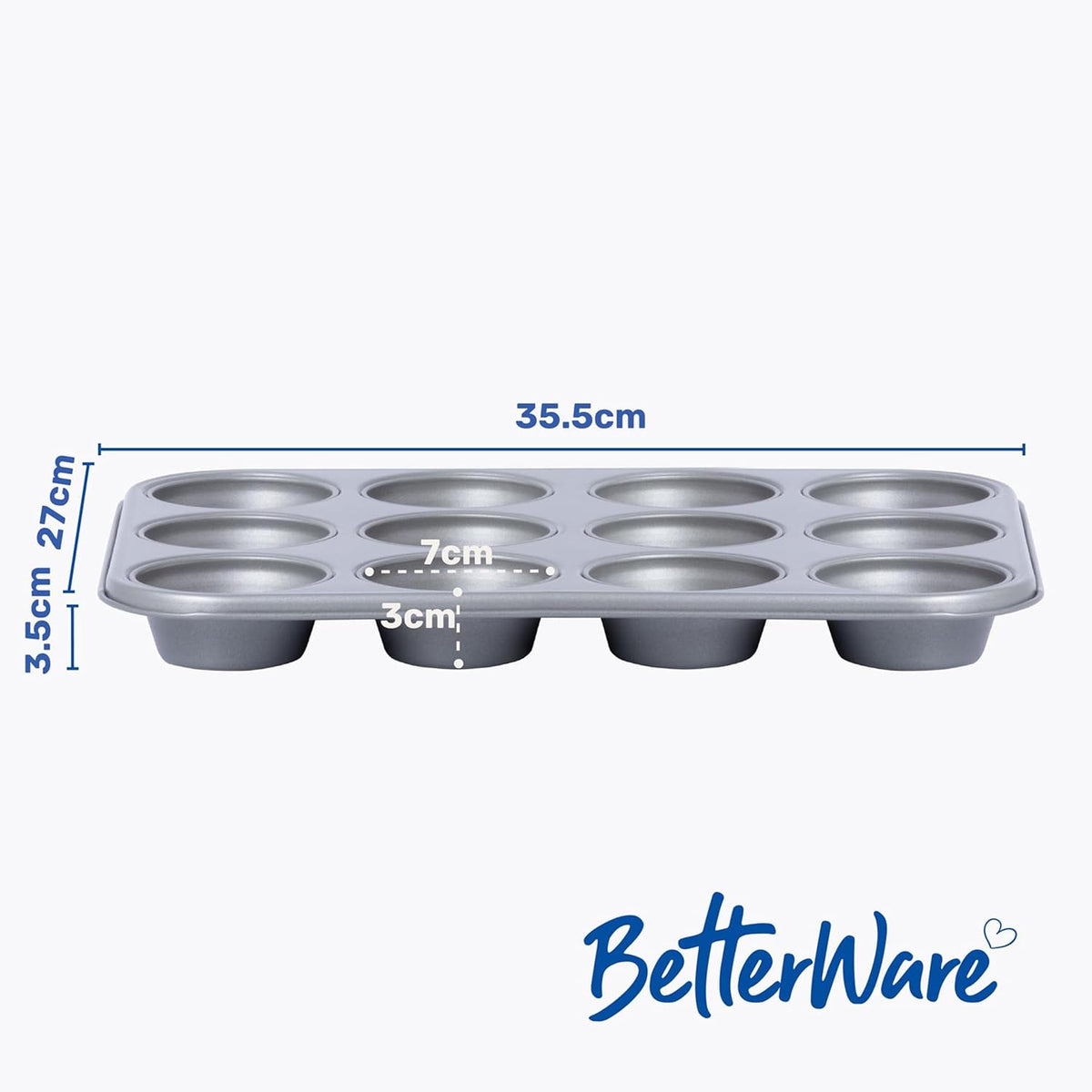 Betterware Essentials 12 Cup Muffin Tin Grey 35.5cm x 27cm x 3.5cm 67900 | Non-Stick Baking Tray | Dishwasher Safe | Fridge and Freezer Safe