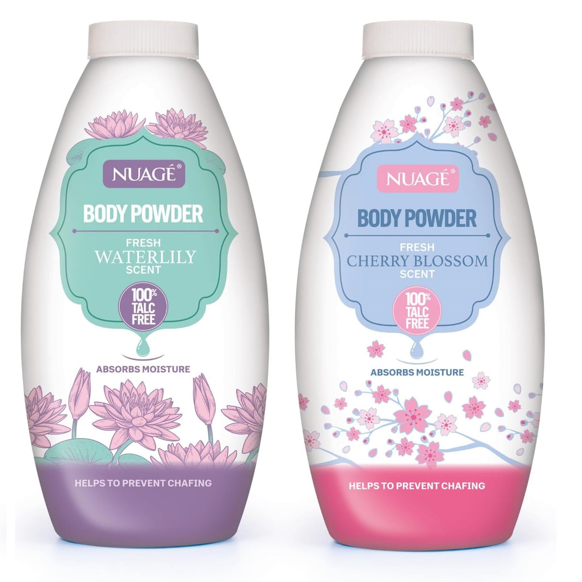 Nuage Talc-Free Body Powder Multicoloured Pack of 1 250g NUA1231 | Assorted Scents | Fresh Waterlily and Cherry Blossom | Moisture Absorbing and Anti-Chafing | Gentle Skin Care Powder