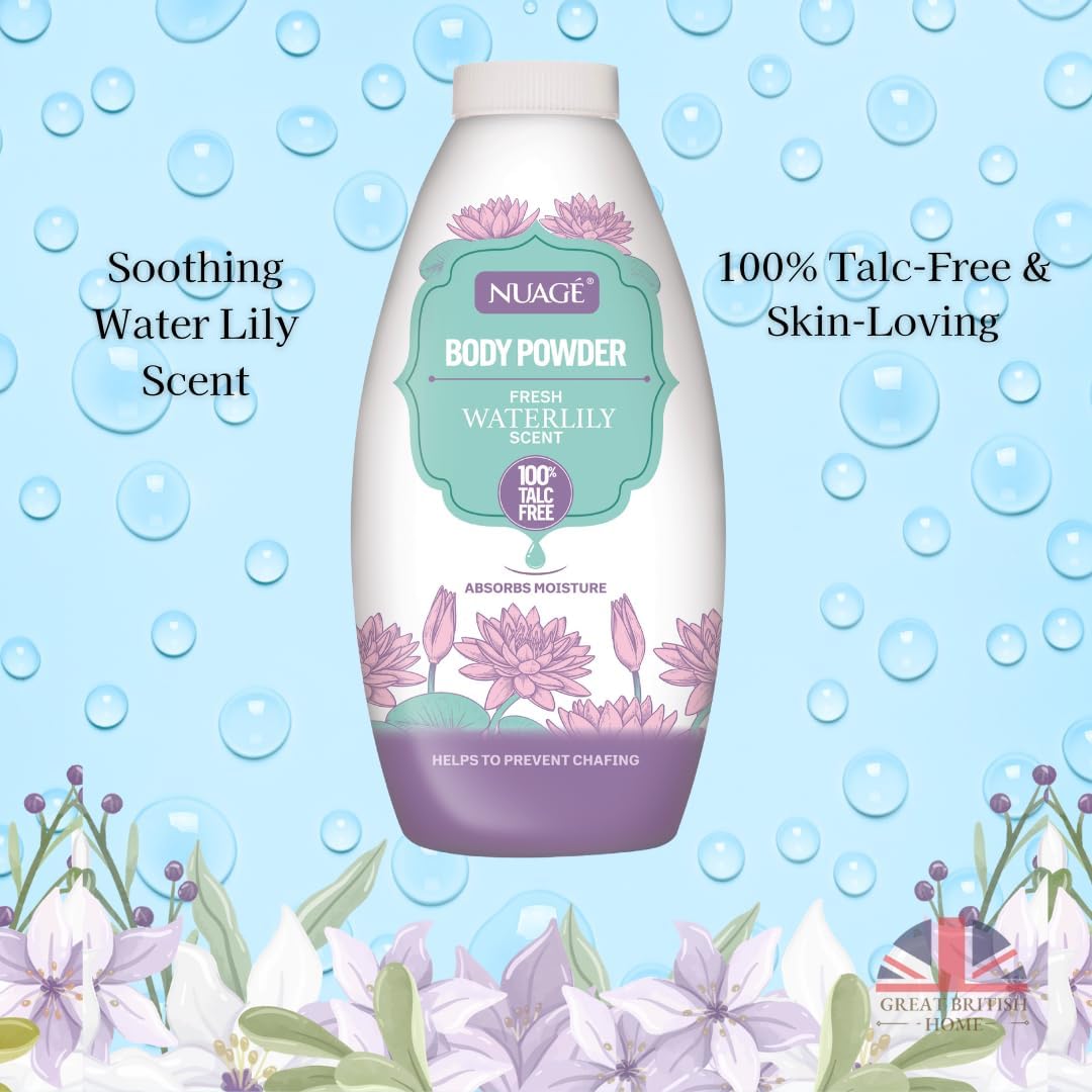 Nuage Talc-Free Body Powder Multicoloured Pack of 1 250g NUA1231 | Assorted Scents | Fresh Waterlily and Cherry Blossom | Moisture Absorbing and Anti-Chafing | Gentle Skin Care Powder