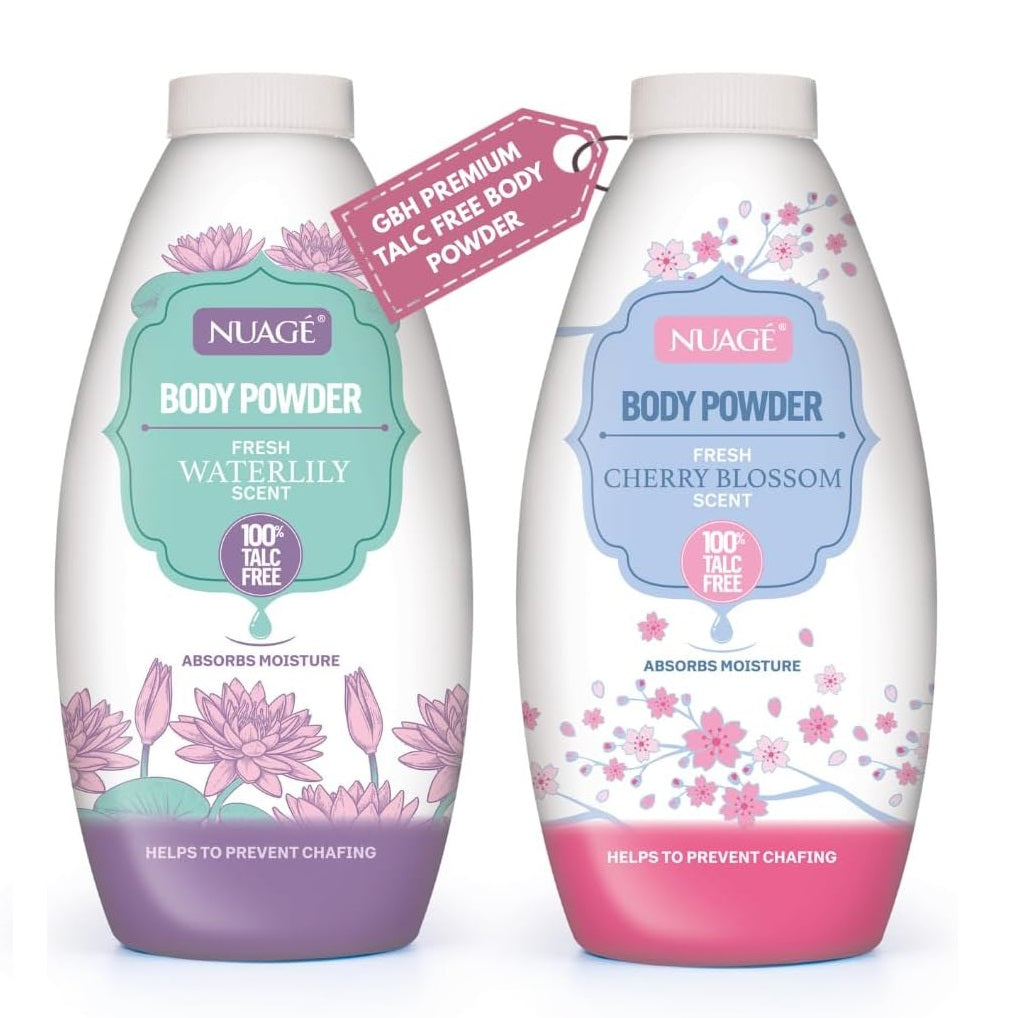 Nuage Talc-Free Body Powder Multicoloured Pack of 1 250g NUA1231 | Assorted Scents | Fresh Waterlily and Cherry Blossom | Moisture Absorbing and Anti-Chafing | Gentle Skin Care Powder
