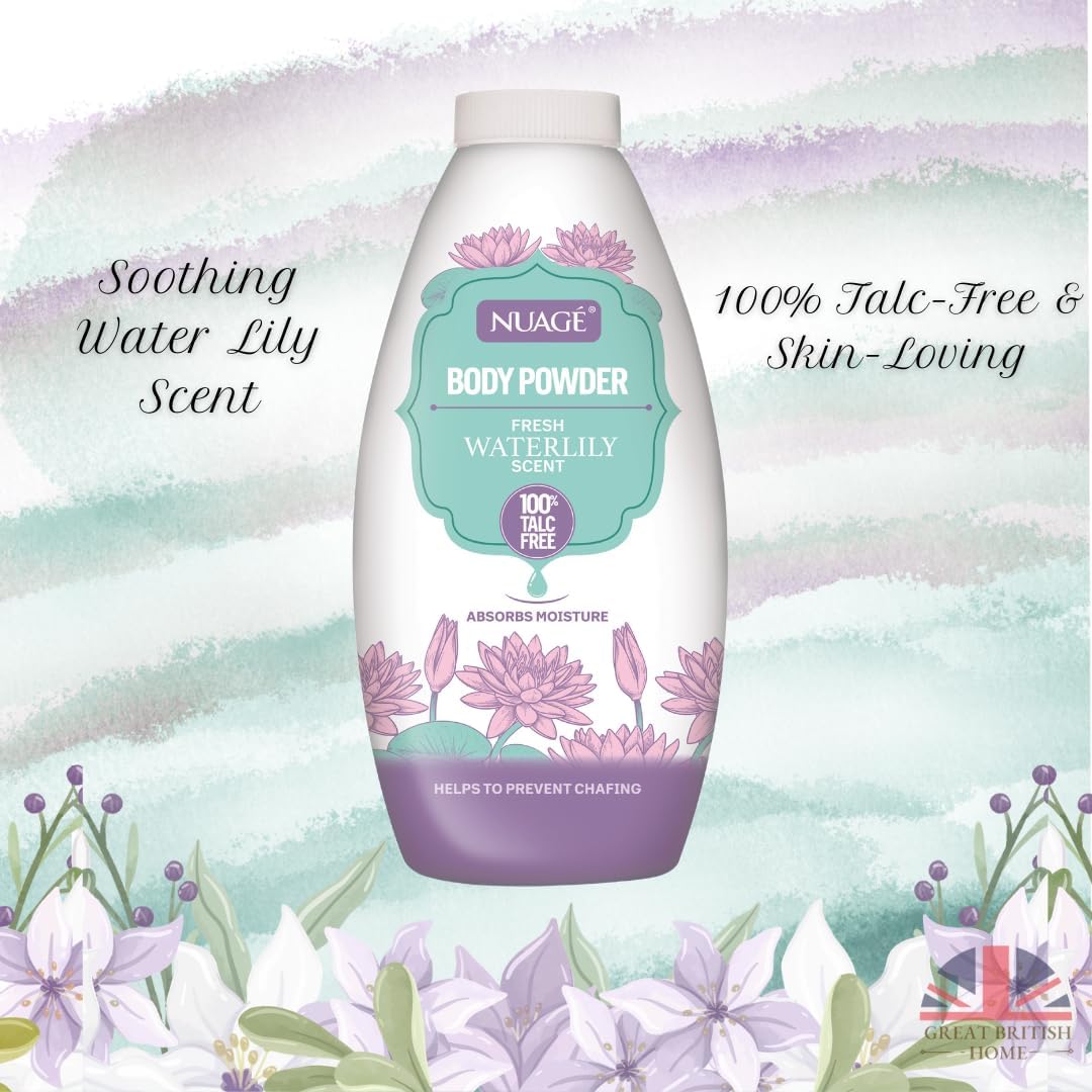 Nuage Talc-Free Body Powder Multicoloured Pack of 1 250g NUA1231 | Assorted Scents | Fresh Waterlily and Cherry Blossom | Moisture Absorbing and Anti-Chafing | Gentle Skin Care Powder