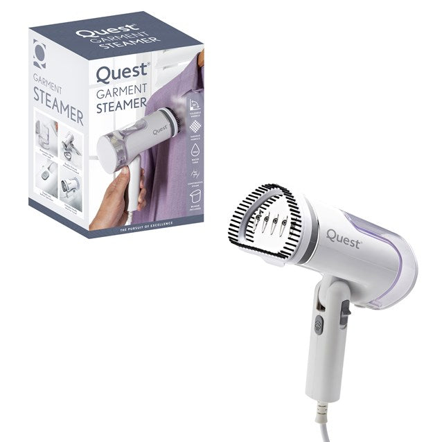 Quest Garment Steamer with Foldable Handle White 9cm x 9.6cm x 19.8cm 42149 | 130ml Water Tank | Continuous Steam | Brush Head | Beaker Included | 1200W | Indicator Light | Power Cord - 1.6Mtr | One Button Operation | Fold-Unfold Lock Switch | Steam Plate
