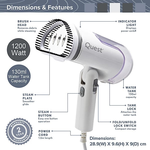 Quest Garment Steamer with Foldable Handle White 9cm x 9.6cm x 19.8cm 42149 | 130ml Water Tank | Continuous Steam | Brush Head | Beaker Included | 1200W | Indicator Light | Power Cord - 1.6Mtr | One Button Operation | Fold-Unfold Lock Switch | Steam Plate
