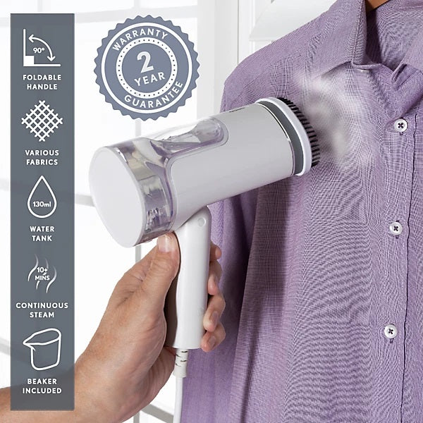 Quest Garment Steamer with Foldable Handle White 9cm x 9.6cm x 19.8cm 42149 | 130ml Water Tank | Continuous Steam | Brush Head | Beaker Included | 1200W | Indicator Light | Power Cord - 1.6Mtr | One Button Operation | Fold-Unfold Lock Switch | Steam Plate