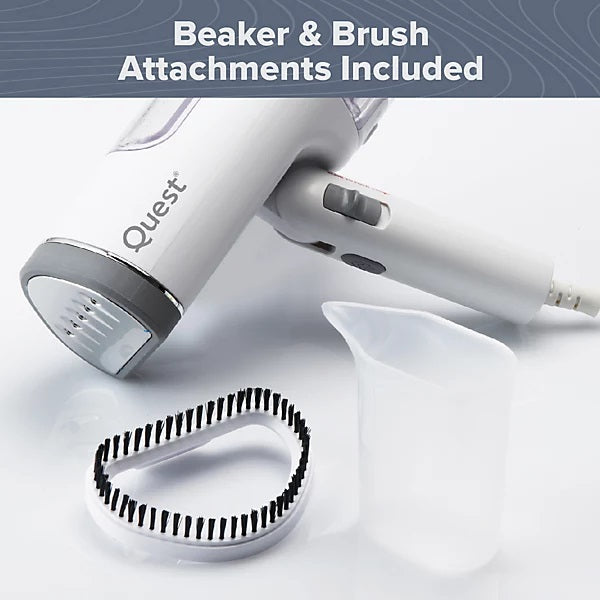 Quest Garment Steamer with Foldable Handle White 9cm x 9.6cm x 19.8cm 42149 | 130ml Water Tank | Continuous Steam | Brush Head | Beaker Included | 1200W | Indicator Light | Power Cord - 1.6Mtr | One Button Operation | Fold-Unfold Lock Switch | Steam Plate