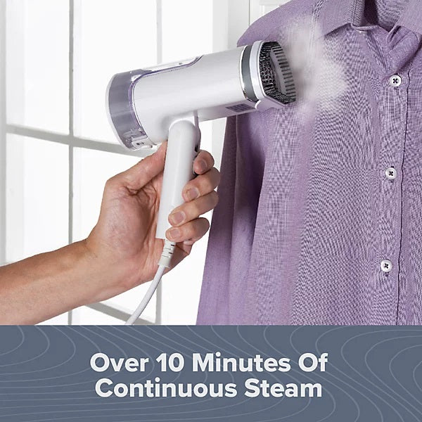Quest Garment Steamer with Foldable Handle White 9cm x 9.6cm x 19.8cm 42149 | 130ml Water Tank | Continuous Steam | Brush Head | Beaker Included | 1200W | Indicator Light | Power Cord - 1.6Mtr | One Button Operation | Fold-Unfold Lock Switch | Steam Plate