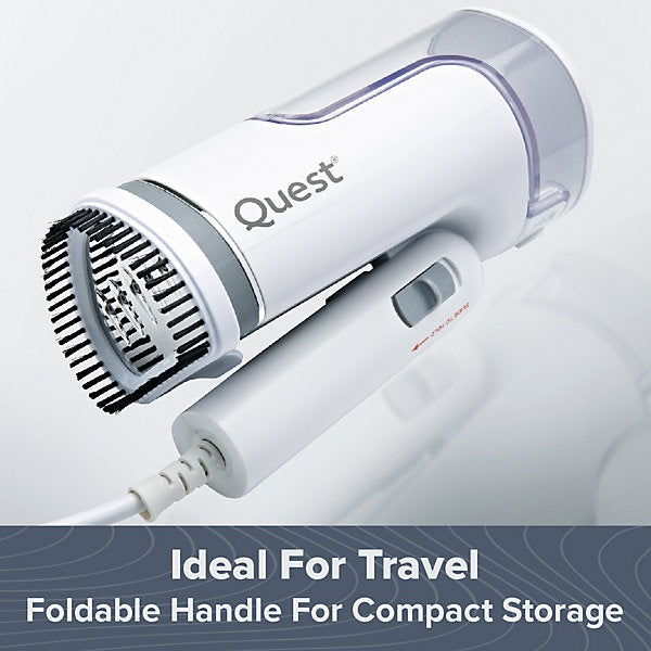 Quest Garment Steamer with Foldable Handle White 9cm x 9.6cm x 19.8cm 42149 | 130ml Water Tank | Continuous Steam | Brush Head | Beaker Included | 1200W | Indicator Light | Power Cord - 1.6Mtr | One Button Operation | Fold-Unfold Lock Switch | Steam Plate