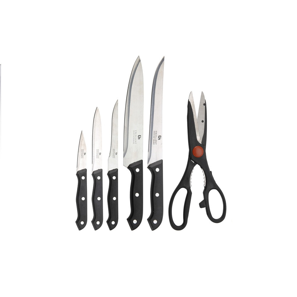 Excellent Houseware Knife Set with Wooden Block Black and Brown Pack of 7 404000030 | Kitchen Knife Set with Scissor | Stainless Steel Blades and Ergonomic Handles | Essential Cooking Utensil Set | 5 Knives and 1 Scissor