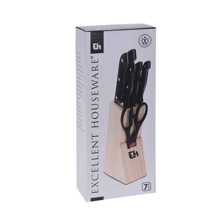 Excellent Houseware Knife Set with Wooden Block Black and Brown Pack of 7 404000030 | Kitchen Knife Set with Scissor | Stainless Steel Blades and Ergonomic Handles | Essential Cooking Utensil Set | 5 Knives and 1 Scissor